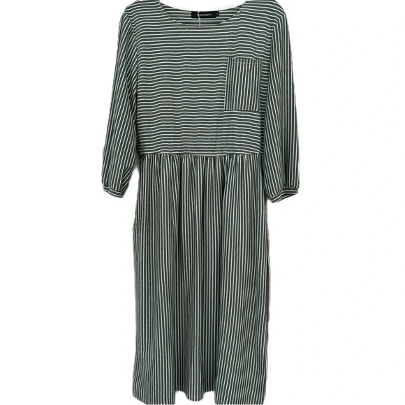 Merokeety Olive Green Striped T-Shirt Dress Women’s L Large Soft Stretchy Casual - Picture 2 of 9